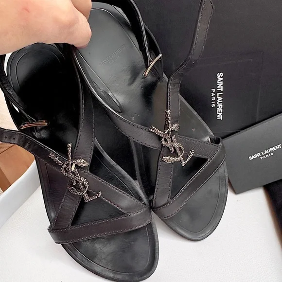 Saint Laurent Black Strappy YSL logo flat sandals black silver 37 + box - Picture 11 of 16